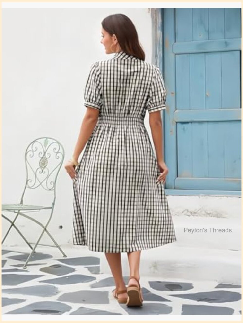 Gingham Puff Sleeve Button Down Midi Dress with Slit Hemline - Picture 5 of 6